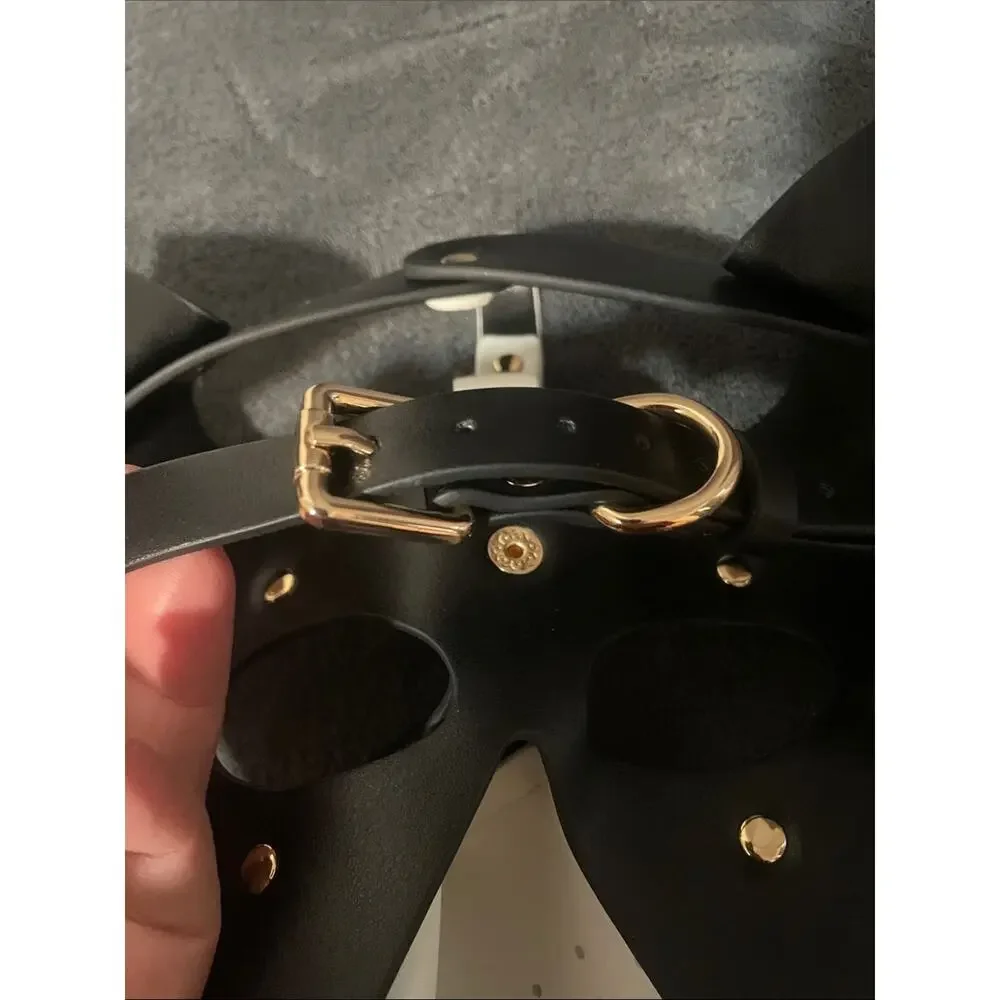 Black & White Leather Dog Mask Harness Muzzle with Gold Studs NWOT